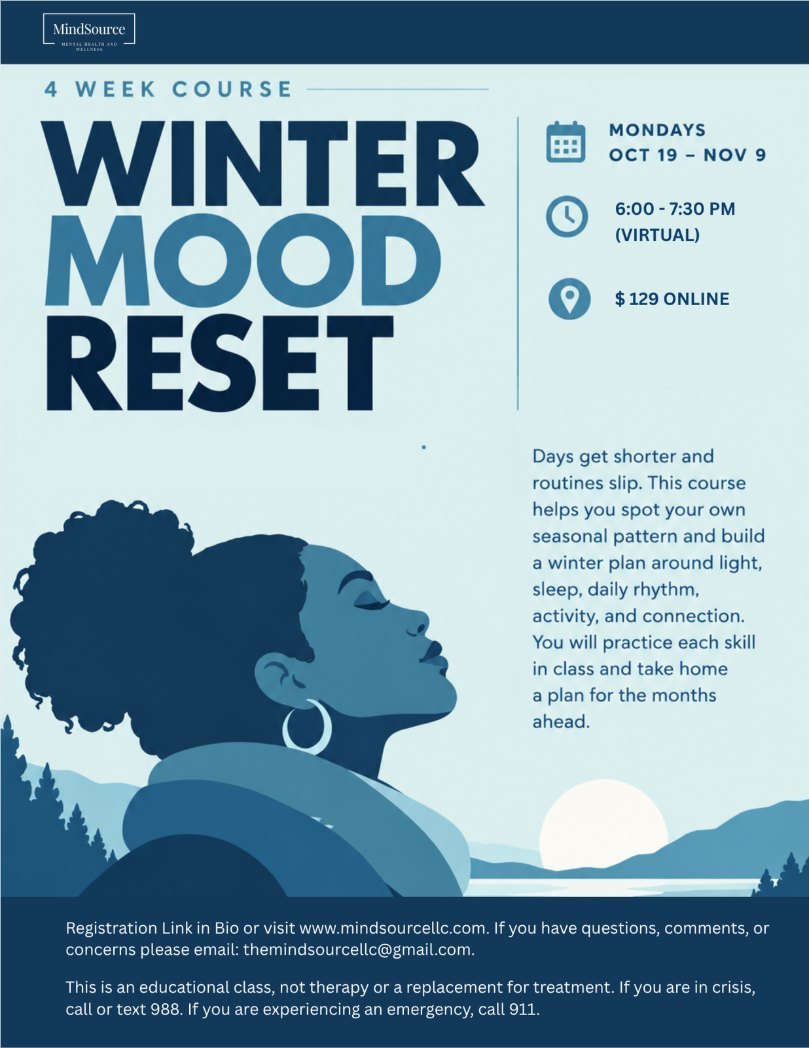 Winter Mood Reset flyer: 4-week online course, Mondays Oct 19 to Nov 9, 6:00 to 7:30 PM, $129